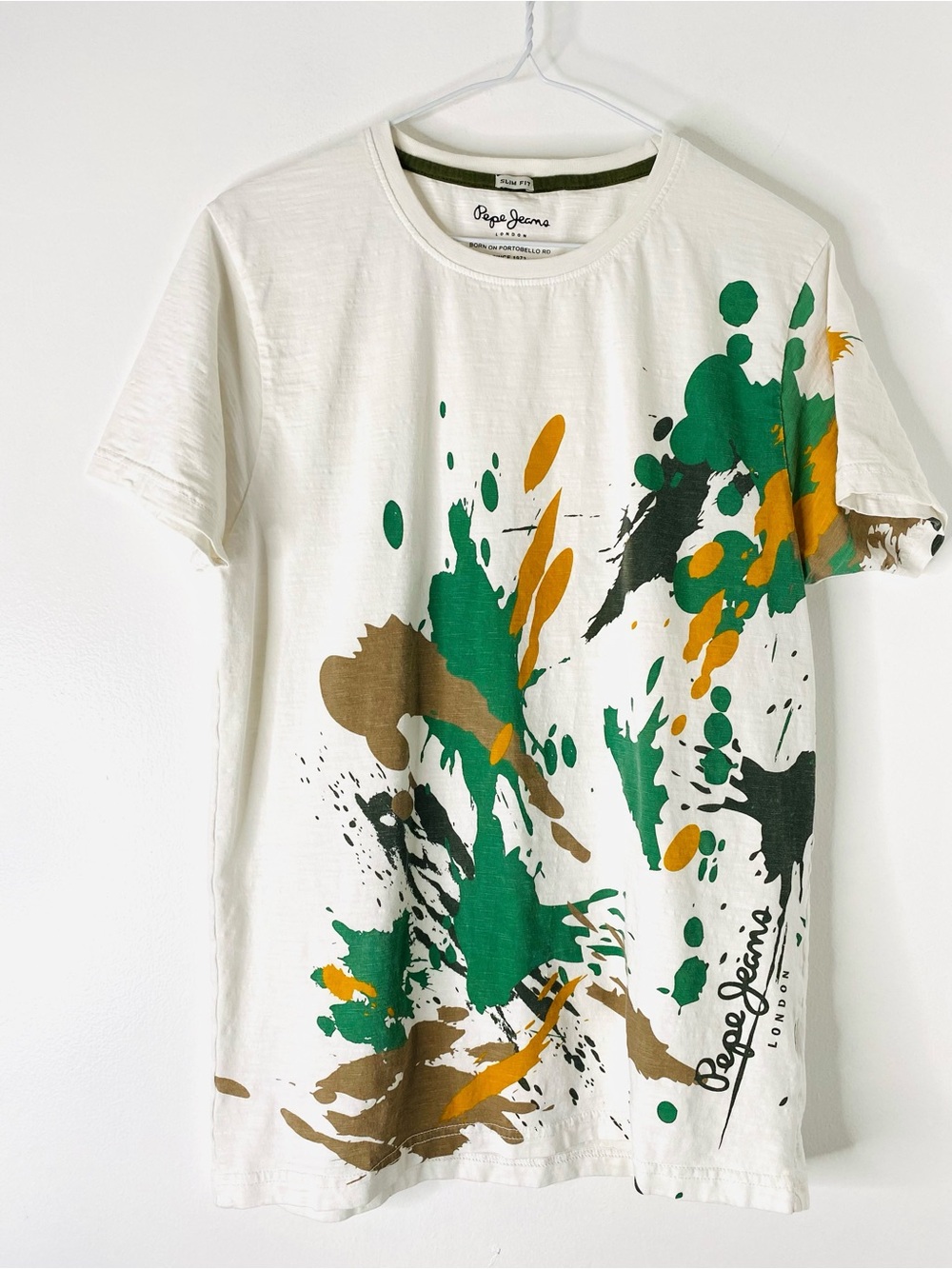 Pepe Jeans White Graphic Tee Paint Splatter Logo Crew Neck Short Sleeve T-Shirt